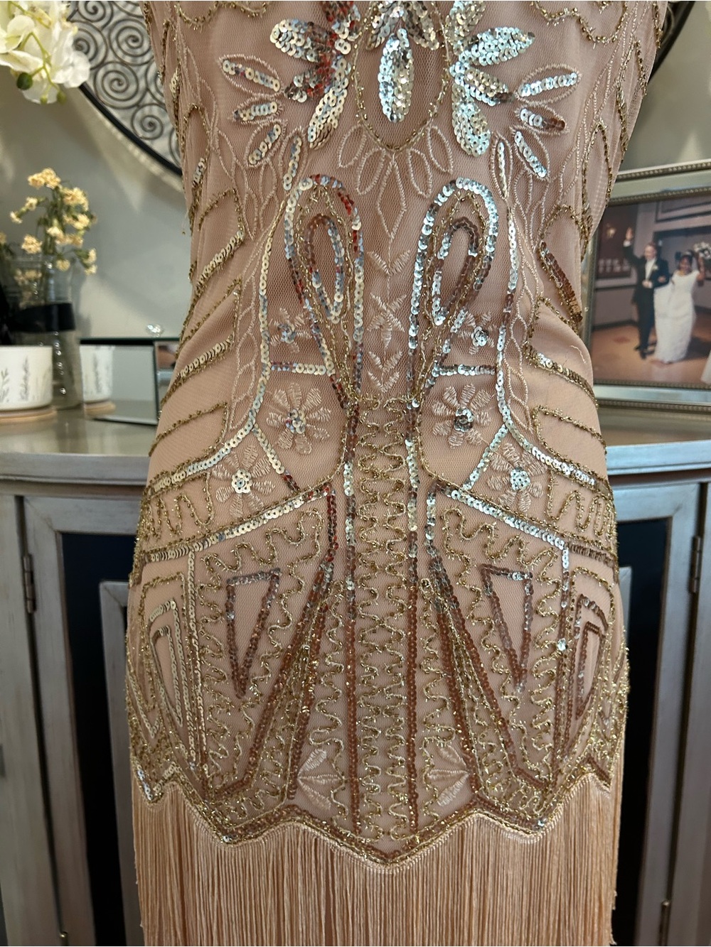 Vintage-Inspired Beaded Fringe Mini Dress in Blush Pink - Picture 7 of 14